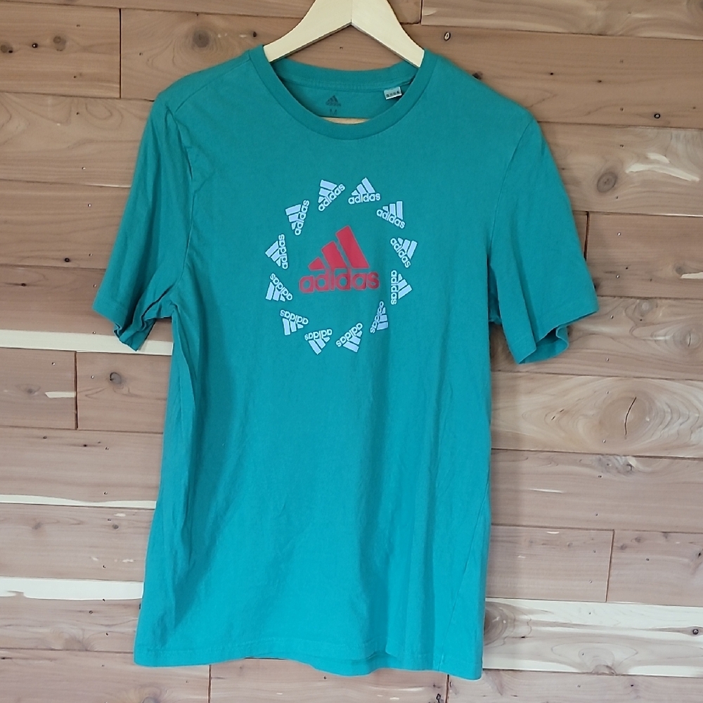 Adidas Green Tee with Red & Gray Logo, Size M, Soft